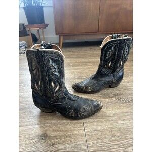 Vtg Women’s 1950’s Acme Cowboy Boots Size 10 C Inlay Peewee Black Western AS IS